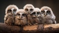 Dreamy And Cute: Five Short Tailed Owls Perched Together On A Branch