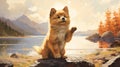 Dreamy 2d Game Art: Funny Painting Of A Pomeranian Puppy By The Lake