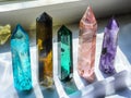 dreamy 3d rendering collection of colorful crystals on sky blue background