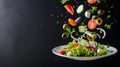 Dreamy Delights: A Vibrant Salad Extravaganza Suspended in Mid-Air on a Black Canvas