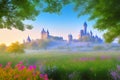 Dreamy depiction of a castle complex in the distance in front of a blooming flower meadow and the branches of bushes, made with