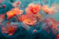 Dreamy depiction of vibrant poppies swaying gently with an artistic blur effect