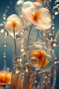 A Dreamy and Detailed Wallpaper Scene with Translucent Orange Water Flowers and Floating Bubbles