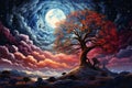 Dreamy Digital Painting of a Fantastical World with tree and Swirling Clouds and Vibrant Colors