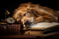 Dreamy Dog asleep reading. Generate Ai