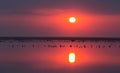 Dreamy and dramatic colorful sunset sky over water surface with cloud reflections