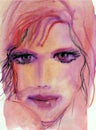 Dreamy Dramatic Watercolor Portrait of a Breautiful Model in Pink Tones