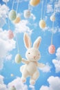 A dreamy Easter Bunny floating through a sky of cotton candy clouds, dropping decorated eggs like Royalty Free Stock Photo