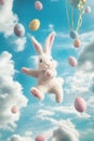 A dreamy Easter Bunny floating through a sky of cotton candy clouds, dropping decorated eggs like Royalty Free Stock Photo