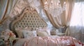 Dreamy Elegance: Bedroom with Plush Velvet Headboard, Glittering Crystal Chandelier, and Delicate Pink Silk Bedding