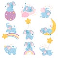 Dreamy elephants character. Cute animal sleep on moon, baby elephant dream on clouds and stars pastel vector Royalty Free Stock Photo