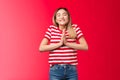 Dreamy enthusiastic attractive tender modern asian blond girl praying believe dreams come true, ask Lord favour Royalty Free Stock Photo