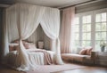 A dreamy and ethereal bedroom interior with soft pastel hues Royalty Free Stock Photo