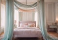 A dreamy and ethereal bedroom interior with soft pastel hues Royalty Free Stock Photo