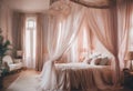 A dreamy and ethereal bedroom interior with soft pastel hues Royalty Free Stock Photo