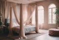 A dreamy and ethereal bedroom interior with soft pastel hues Royalty Free Stock Photo