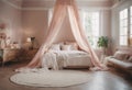 A dreamy and ethereal bedroom interior with soft pastel hues Royalty Free Stock Photo