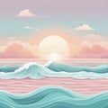 A dreamy and ethereal view of the ocean at sunset, with the sky painted in soft pastel colors.