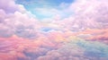 A dreamy and ethereal view of the sky filled with fluffy clouds illuminated in soft pastel colors.