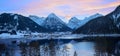 dreamy evening scenery lake Achensee, Karwendel mountains, Pertisau in winter