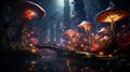 Fantasy wonderland landscape mushrooms moon. Dreamy fantasy mushrooms magical forest. Generative Ai Royalty Free Stock Photo