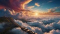 Dreamy fantasy scene with massive fluffy clouds in a dazzling array of colors with stairs wander upwards