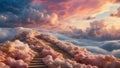 Dreamy fantasy scene with massive fluffy clouds in a dazzling array of colors with stairs wander upwards