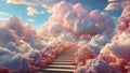 Dreamy fantasy scene with massive fluffy clouds in a dazzling array of colors with stairs wander upwards