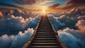 Dreamy fantasy scene with massive fluffy clouds in a dazzling array of colors with stairs wander upwards