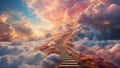 Dreamy fantasy scene with massive fluffy clouds in a dazzling array of colors with stairs wander upwards