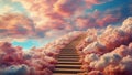 Dreamy fantasy scene with massive fluffy clouds in a dazzling array of colors with stairs wander upwards