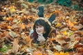 Dreamy female autumn time lover. Pretty young woman with short wavy brunette hair lying at ground covered with fallen Royalty Free Stock Photo