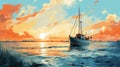 Dreamy Ferry Sailing Ship Painting In Colorful Pixel-art Style Royalty Free Stock Photo