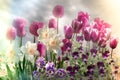 Dreamy flower field against sky with tulips, daffodils and pansies Royalty Free Stock Photo