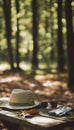 Dreamy Forest Setting: Soft Focus Hat and Sunglasses Royalty Free Stock Photo