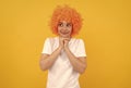 dreamy freaky woman in curly clown wig for party, dreaming Royalty Free Stock Photo