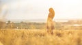 Dreamy girl in a field at sunset, a young woman in a haze from the sun enjoying nature, romantic style Royalty Free Stock Photo