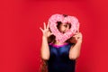 Dreamy girl hold pink heart decor. Valentines day. Holiday celebration. First love. Be my Valentine. Love my Valentine