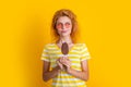 dreamy girl with icecream on background. photo of girl with icecream at summer. Royalty Free Stock Photo