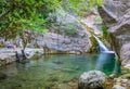 A dreamy girl is meditating in a lagoon near a waterfall. Royalty Free Stock Photo