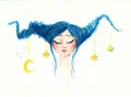 A dreamy girl with the moon and stars in her hair