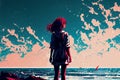 dreamy girl with wind in hair looking at the sky, anime digital art illustration