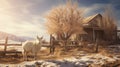 Dreamy Goat In Snowy Landscape: Unreal Engine Rendered Cabin With Anamorphic Lens Flare