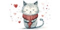 dreamy gray cat in a red scarf, hearts flying around him, banner, postcard, copy space
