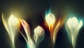 Dreamy Illustration of abstract, luminescent, glowing magic flowers on a dark background.