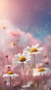 Dreamy illustration daisy flowers pink blue background