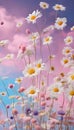 Dreamy illustration daisy flowers pink blue background