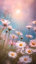 Dreamy illustration daisy flowers pink blue background