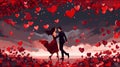 A dreamy illustration of a dancing couple and floating hearts Royalty Free Stock Photo