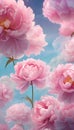 Dreamy illustration peony flowers pink blue background